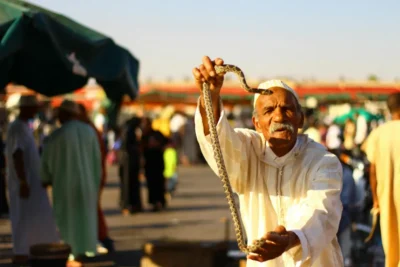 Vista típica de la medina de Marrakech y un hombre mostrando una serpiente